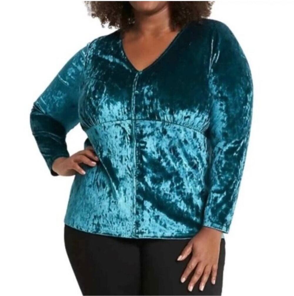Lane Bryant Crushed Velvet Blouse Top Teal 26/28 V-Neck Long Sleeve Old Money